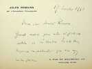 Lettre autographe signée. Jules Romains (1885-1972), écrivain, philosophe.