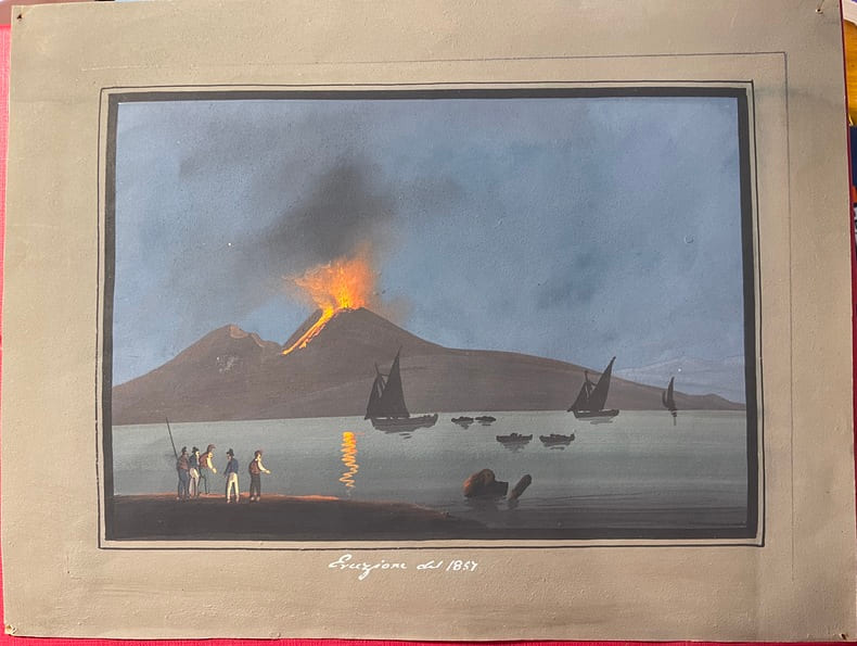 Gouache original du V&eacute;suve / Vesuvio. [Vesuvio] Gouache anonyme repr&eacute;sentant l'&eacute;ruption du V&eacute;suve en 1857, titr&eacute;e "Eruzione del 1857"