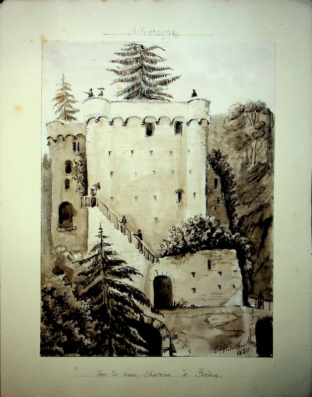 Dessin original - Allemagne - « Tour du vieux château à Baden » - Chateau de Hohenbaden, Baden-Baden. Charles-Louis-Fleury Panckoucke (1780-1844), ...