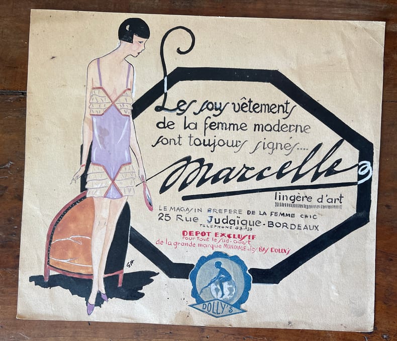 Dessin original - Projet de publicité pour « Marcelle, lingère d'art, le magasin préféré de la femme chic » à Bordeaux (rue Judaïque). . [Bordeaux, ...