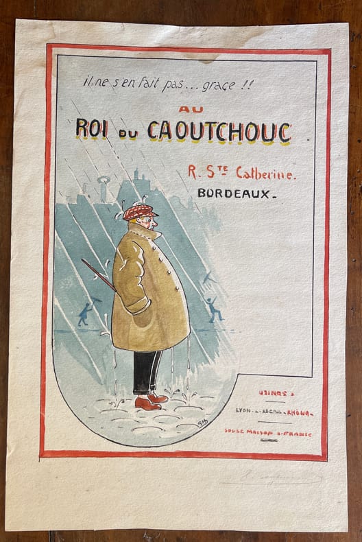 Dessin original - Projet de publicité pour le magasin « Au Roi du caoutchouc » à Bordeaux. . [Dessin original, Bordeaux, magasin] G.H.,