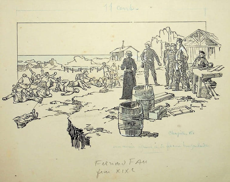 Dessin original sign&eacute; pour le roman de Georges Le Faure, La Guerre sous l'Eau. [Dessin original] Fernand Fau (1858-1915), illustrateur, caricaturiste.