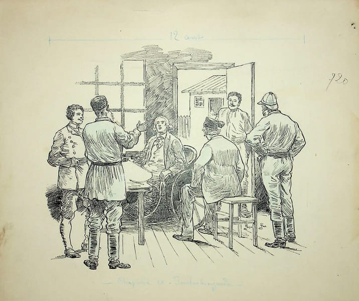 Dessin original sign&eacute; pour le roman de Georges Le Faure, La Guerre sous l'Eau. [Dessin original] Fernand Fau (1858-1915), illustrateur, caricaturiste.