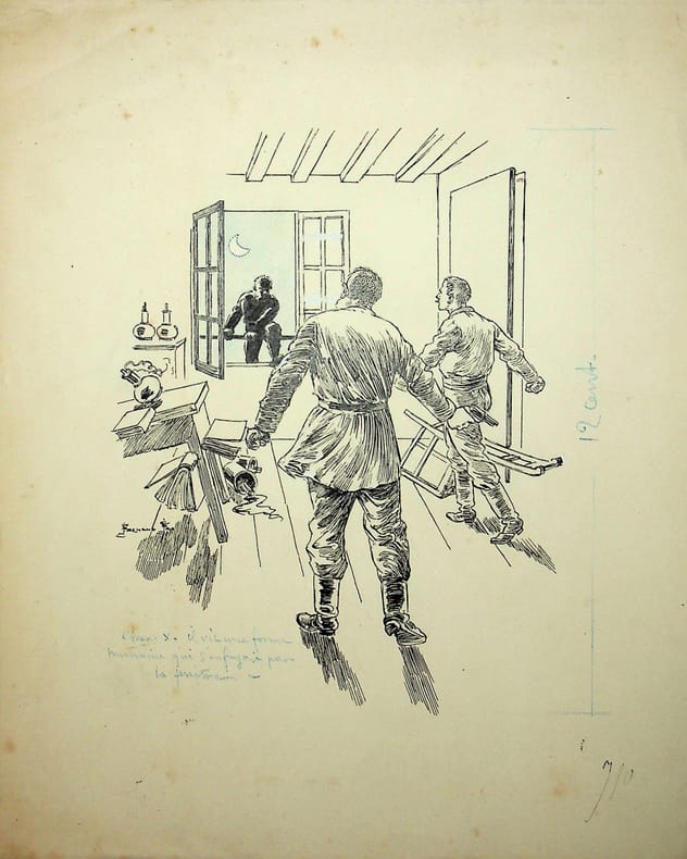 Dessin original signé pour le roman de Georges Le Faure, La Guerre sous l'Eau. [Dessin original] Fernand Fau (1858-1915), illustrateur, caricaturiste.