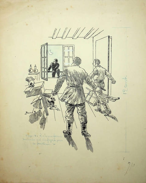 Dessin original sign&eacute; pour le roman de Georges Le Faure, La Guerre sous l'Eau. [Dessin original] Fernand Fau (1858-1915), illustrateur, caricaturiste.