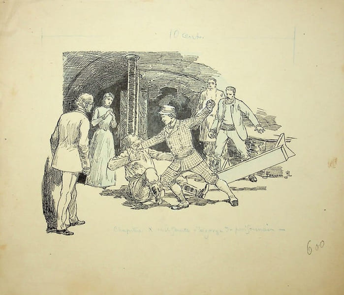 Dessin original sign&eacute; pour le roman de Georges Le Faure, La Guerre sous l'Eau. [Dessin original] Fernand Fau (1858-1915), illustrateur, caricaturiste.
