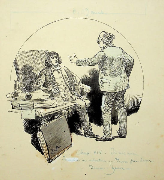 Dessin original sign&eacute; pour le roman de Georges Le Faure, La Guerre sous l'Eau. [Dessin original] Fernand Fau (1858-1915), illustrateur, caricaturiste.