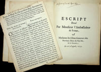 [Abel Servien (1593-1659)] Escript donné par l'ambassadeur de France, a messieurs les Estats generaux de Provinces Unies des Pays-Bas, sur la garentie & Projet de traité en 19 articles du 22 mai 1647 avec les remarques du 1er juin. 