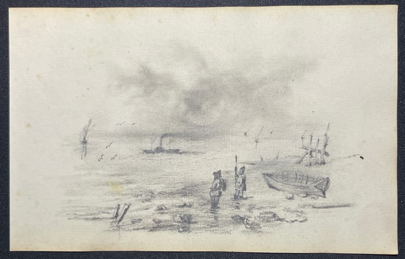[Dessin romantique] Paysage de bord de mer, bateaux et p&ecirc;cheurs. . [Dessin romantique] Paysage de bord de mer, bateaux et p&ecirc;cheurs. 