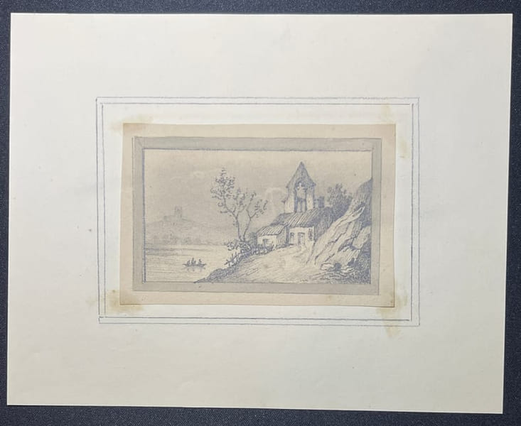 [Dessin romantique] Vue romantique avec ruines et lac. . [Dessin romantique] Vue romantique avec ruines et lac. 