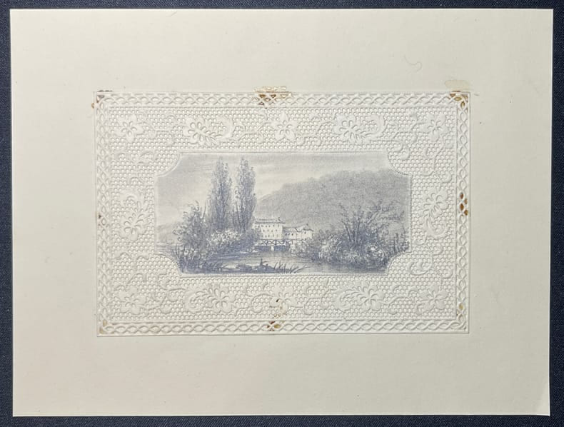 [Dessin romantique] Vue romantique dans un cadre de dentelle de papier. . [Dessin romantique] Vue romantique dans un cadre de dentelle de papier. 