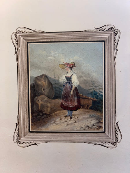 [Dessin romantique] sign&eacute; G.M., Une femme dans un paysage de montagnes, probablement Alpes ou Suisse.. [Dessin romantique] sign&eacute; G.M., Une femme dans ...
