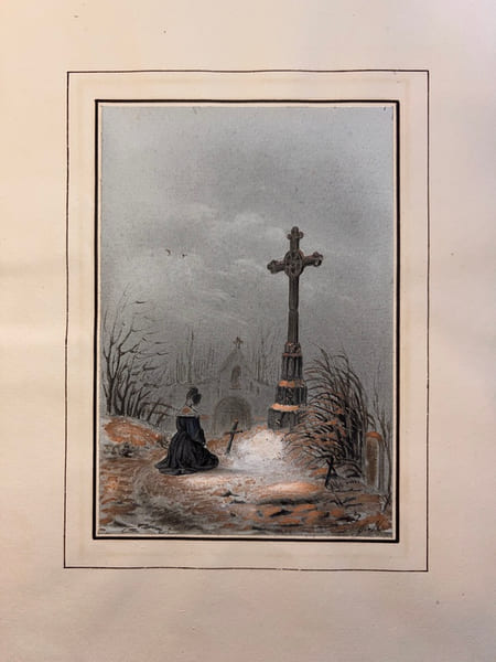 [Dessin romantique] sign&eacute; G.M., Une femme &agrave; genoux devant un calvaire.. [Dessin romantique] sign&eacute; G.M., Une femme &agrave; genoux devant un calvaire.