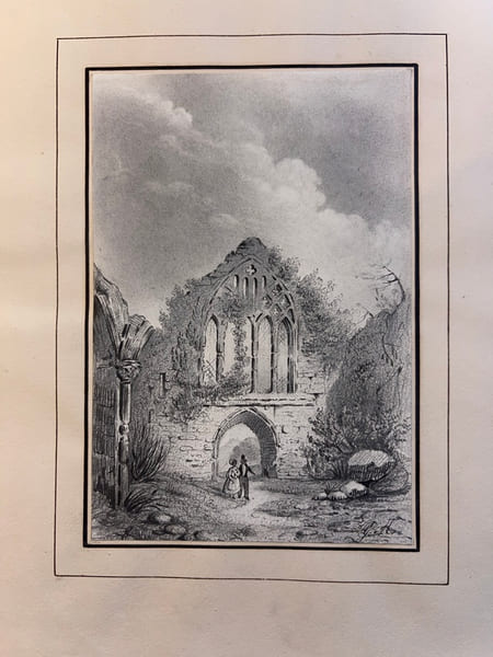 [Dessin romantique] sign&eacute; G.M., Couple au milieu des ruines. . [Dessin romantique] sign&eacute; G.M., Couple au milieu des ruines. 
