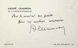 Lettre autographe signée à Pierre Béarn. André Chamson (1900-1983), écrivain, historien, conservateur de musée, membre de l'Académie française. 