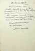 Lettre autographe signée. Pablo Casals (1876-1973), violoncelliste, compositeur, chef d'orchestre.