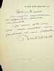 Lettre autographe signée à Jane Catulle Mendès. Roland Dorgelès (1885-1973), écrivain, membre de l'Académie Goncourt.