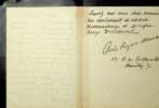 Lettre autographe signée. Claude Roger-Marx (1888-1977), écrivain, historien d'art. 