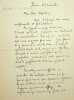 Lettre autographe signée à Jean Ajalbert. Ernest Tisserand (1880-1959), écrivain.