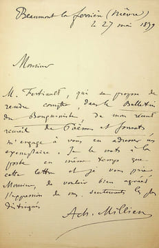 Lettre autographe signée. Achille Millien (1838-1927), poète nivernais, folkloriste.