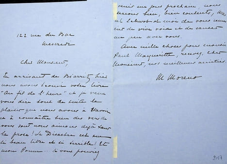 Lettre autographe signée à Victor Margueritte. Marguerite Moreno (1871-1948), actrice.