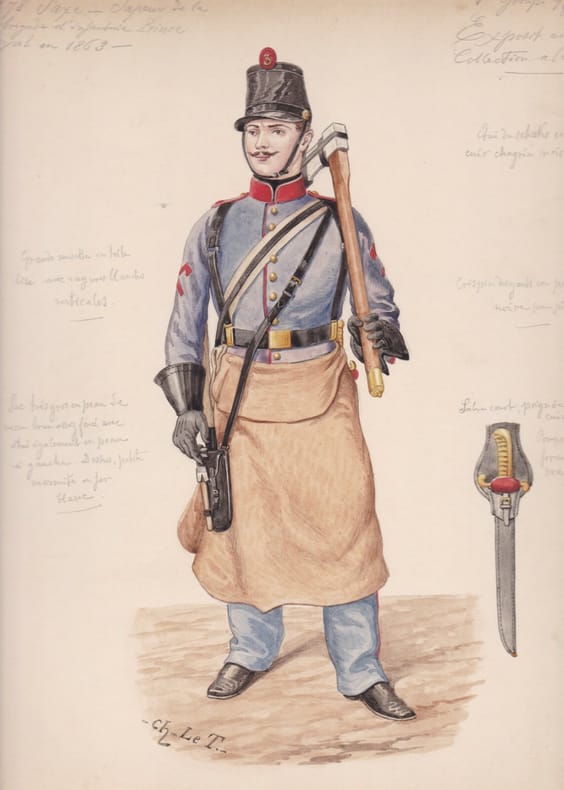 Aquarelle originale titrée : Saxe - Sapeur de la 1re brigade d'infanterie Prince Royal en 1863.. [Uniforme, Allemagne, Saxe] Charles Le Tourneur (ou ...