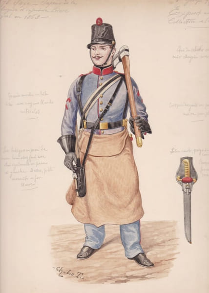 Aquarelle originale titr&eacute;e : Saxe - Sapeur de la 1re brigade d'infanterie Prince Royal en 1863.. [Uniforme, Allemagne, Saxe] Charles Le Tourneur (ou ...