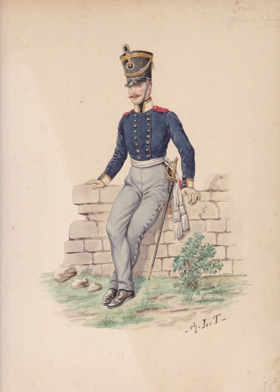 Aquarelle originale titrée : Prusse (1812) - Officier d'Infanterie.. [Napoléon, Empire, Uniforme, Prusse] Charles Le Tourneur (ou Letourneur), artiste ...