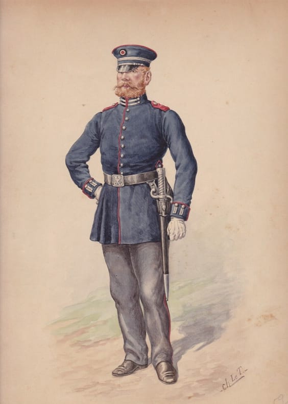 Aquarelle originale titrée : pas de titre - au dos : 1 brigadier 8 hommes.. [Uniforme] Charles Le Tourneur (ou Letourneur), artiste actif vers 1900. 