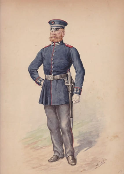 Aquarelle originale titr&eacute;e : pas de titre - au dos : 1 brigadier 8 hommes.. [Uniforme] Charles Le Tourneur (ou Letourneur), artiste actif vers 1900. 