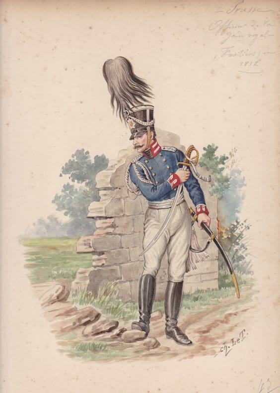 Aquarelle originale titrée : Prusse - Officier de la garde royale (fusiliers) en 1812.. [Napoléon, Empire,Uniforme, Prusse] Charles Le Tourneur (ou ...