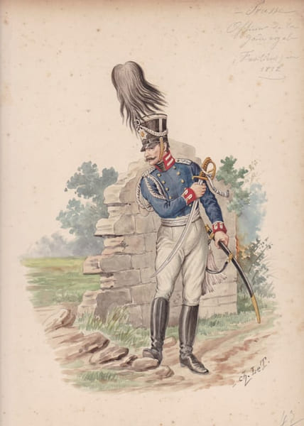 Aquarelle originale titr&eacute;e : Prusse - Officier de la garde royale (fusiliers) en 1812.. [Napol&eacute;on, Empire,Uniforme, Prusse] Charles Le Tourneur (ou ...