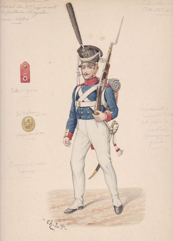 Aquarelle originale titrée : Prusse - Soldat du 8me régiment d'infanterie Royale en 1830.. [Uniforme, Prusse] Charles Le Tourneur (ou Letourneur), ...