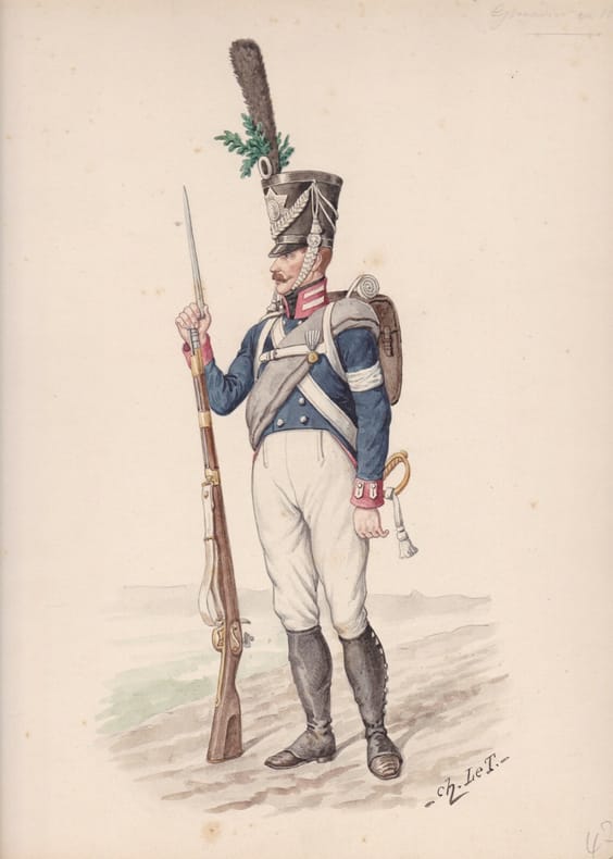 Aquarelle originale titrée : Prusse - Grenadier en 1815. [Napoléon, Empire, Uniforme, Prusse] Charles Le Tourneur (ou Letourneur), artiste actif vers ...