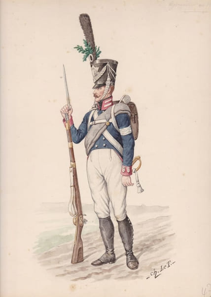 Aquarelle originale titr&eacute;e : Prusse - Grenadier en 1815. [Napol&eacute;on, Empire, Uniforme, Prusse] Charles Le Tourneur (ou Letourneur), artiste actif vers ...