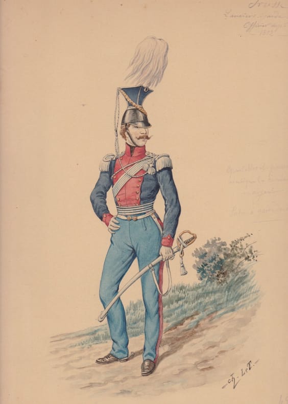 Aquarelle originale titrée : Prusse - Lanciers Garde Royale Officier ... 1812. [Napoléon, Empire, Uniforme, Prusse] Charles Le Tourneur (ou ...
