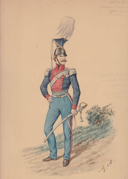 Aquarelle originale titr&eacute;e : Prusse - Lanciers Garde Royale Officier ... 1812. [Napol&eacute;on, Empire, Uniforme, Prusse] Charles Le Tourneur (ou ...