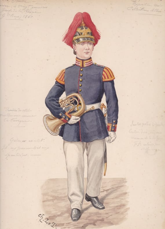 Aquarelle originale titrée : Prusse - Musicien, 4me régiment grenadiers de la Garde de la Reine (grande tenue) 1861.. [Uniforme, Prusse] Charles Le ...