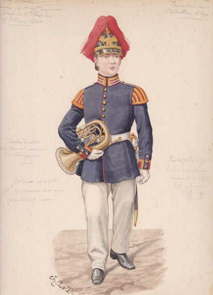Aquarelle originale titr&eacute;e : Prusse - Musicien, 4me r&eacute;giment grenadiers de la Garde de la Reine (grande tenue) 1861.. [Uniforme, Prusse] Charles Le ...