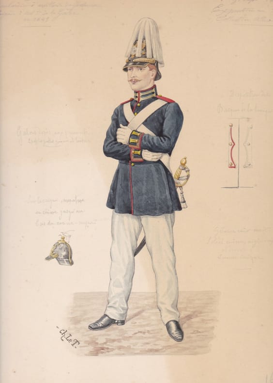 Aquarelle originale titrée : Prusse - Bombardier d'artillerie de forteresse - brigade d'artillerie de la Garde en 1843.. [Uniforme, Prusse] Charles Le ...