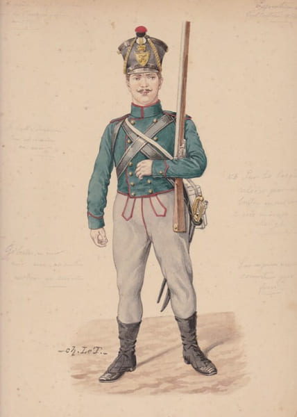 Aquarelle originale titr&eacute;e : Tirailleur de la brigade d'infanterie l&eacute;g&egrave;re - tenue de campagne en 1811.. [Napol&eacute;on, Empire] Charles Le Tourneur (ou ...