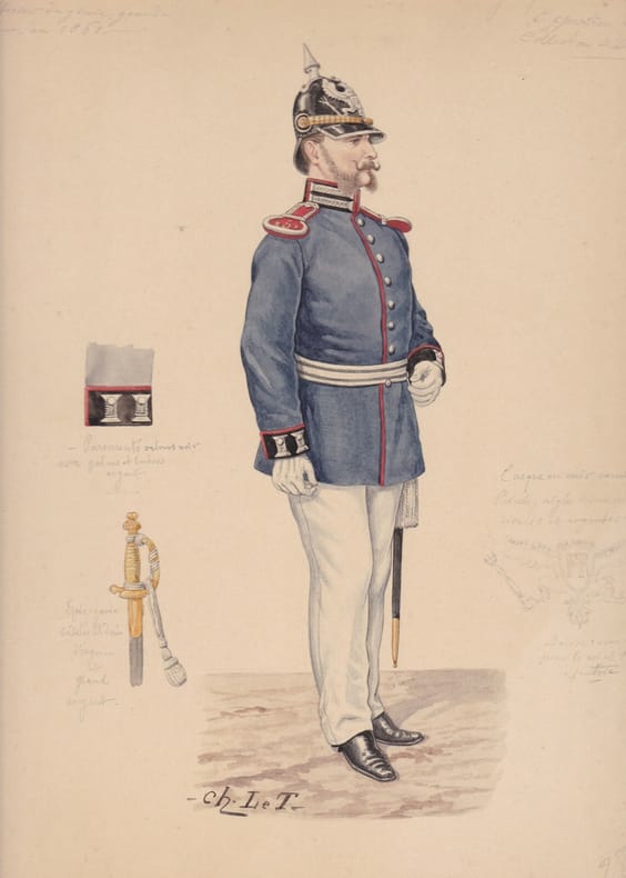 Aquarelle originale titrée : Prusse - Officier du génie, grand tenue, en 1861. [Uniforme, Prusse] Charles Le Tourneur (ou Letourneur), artiste actif ...
