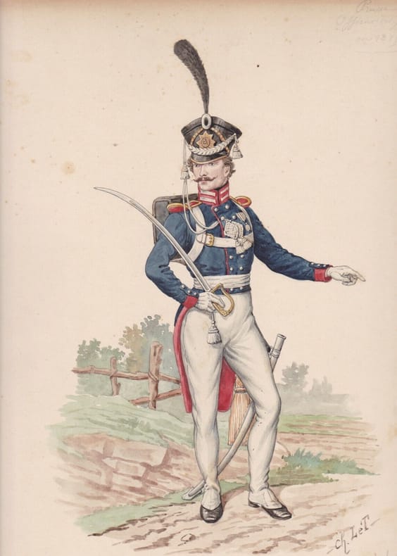 Aquarelle originale titrée : Prusse - Officier des Grenadiers en 1815.. [Napoléon, Empire, Uniforme, Prusse] Charles Le Tourneur (ou Letourneur), ...