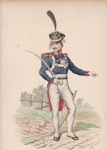 Aquarelle originale titr&eacute;e : Prusse - Officier des Grenadiers en 1815.. [Napol&eacute;on, Empire, Uniforme, Prusse] Charles Le Tourneur (ou Letourneur), ...