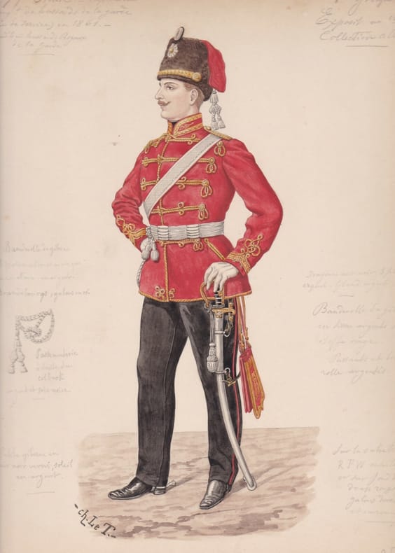 Aquarelle originale titrée : Prusse - Capitaine du régiment de hussards de la garde (tenue de service) en 1861 - aujourd'hui hussards royaux de la ...