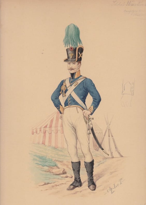 Aquarelle originale titrée : Soldat Wurtembourgeois - campagne de Russie 1812.. [Napoléon, Empire, Uniforme, Wurtemberg] Charles Le Tourneur (ou ...