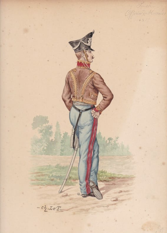 Aquarelle originale titrée : Prusse - Officier de Hussards - 1815.. [Napoléon, Empire, Uniforme, Prusse] Charles Le Tourneur (ou Letourneur), artiste ...