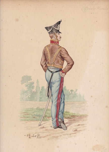 Aquarelle originale titr&eacute;e : Prusse - Officier de Hussards - 1815.. [Napol&eacute;on, Empire, Uniforme, Prusse] Charles Le Tourneur (ou Letourneur), artiste ...