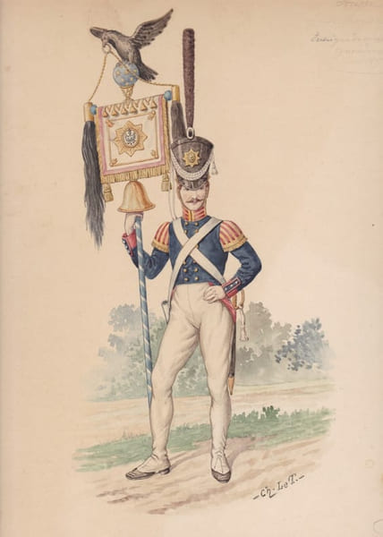 Aquarelle originale titr&eacute;e : Prusse - Garde royale - Enseigne de Musique - Grenadiers en 1815.. [Napol&eacute;on, Empire, Uniforme, Prusse] Charles Le ...