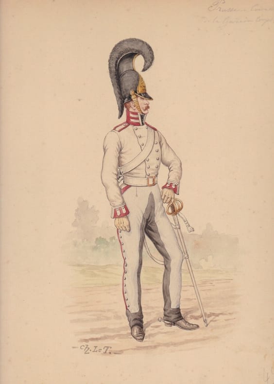 Aquarelle originale titrée : Prusse - Cuirassier de la Garde du Corps (1812). [Napoléon, Empire, Uniforme, Prusse] Charles Le Tourneur (ou ...
